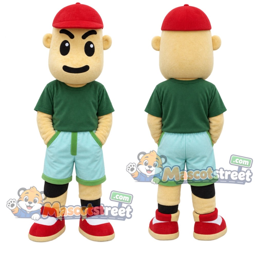 Boy Mascot Costume with Green Shirt and Red Cap