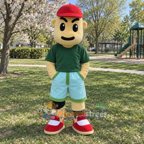 Boy Mascot Costume with Green Shirt and Red Cap