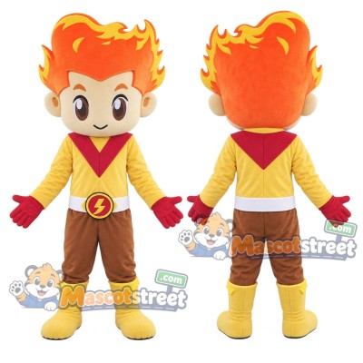 Flame-Haired Superhero Boy Mascot Costume with Yellow and Red Suit Flame-Haired Superhero Boy Mascot Costume with Yellow and Red Suit