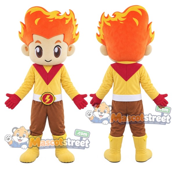 Flame-Haired Superhero Boy Mascot Costume with Yellow and Red Suit