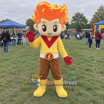 Flame-Haired Superhero Boy Mascot Costume with Yellow and Red Suit Flame-Haired Superhero Boy Mascot Costume with Yellow and Red Suit