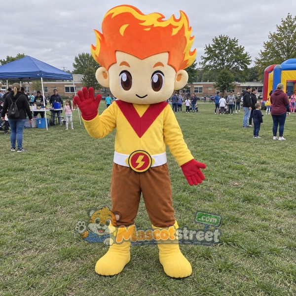 Flame-Haired Superhero Boy Mascot Costume with Yellow and Red Suit
