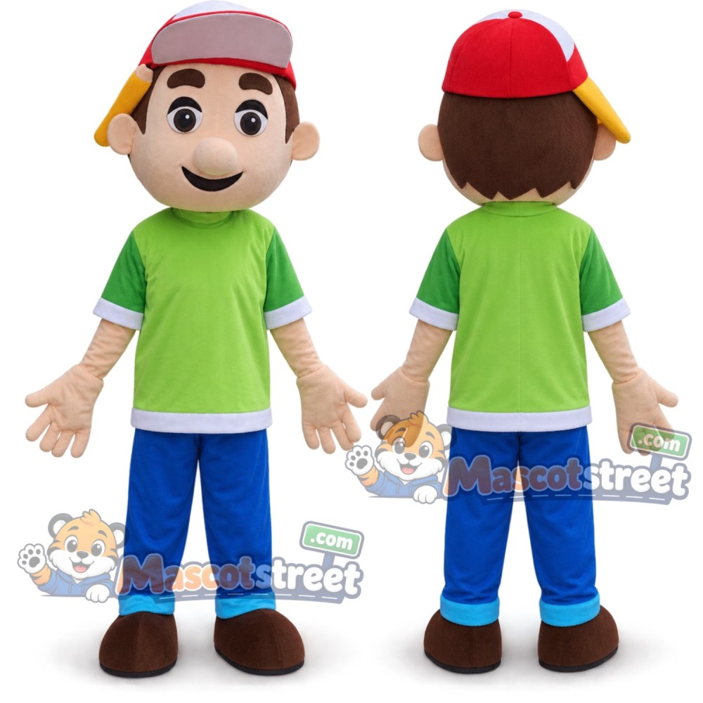 Boy Mascot Costume with Green Shirt and Red Cap
