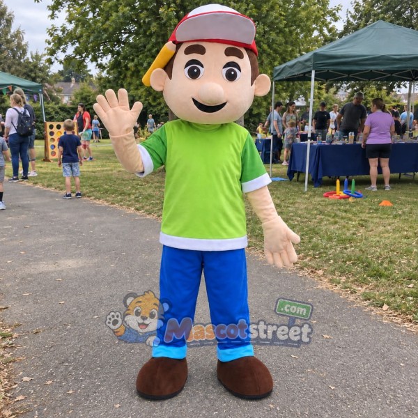 Boy Mascot Costume with Green Shirt and Red Cap