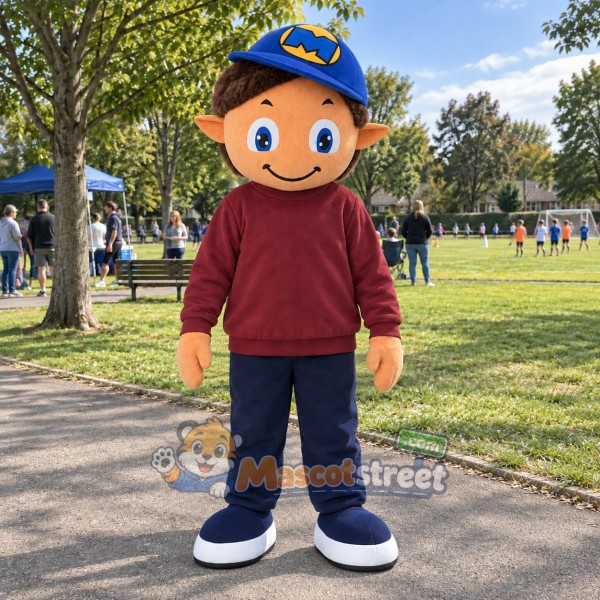 Boy Mascot Costume with Burgundy Sweatshirt and Blue Cap