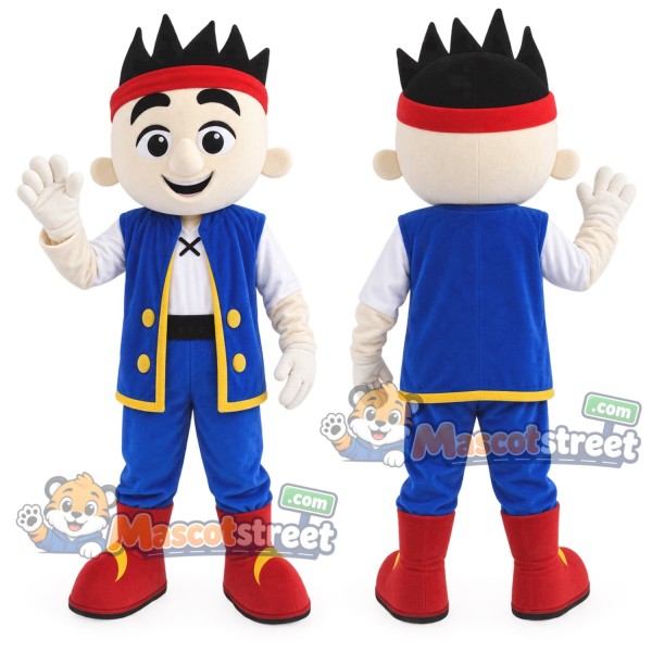 Pirate Boy Mascot Costume with Blue Vest and Red Headband