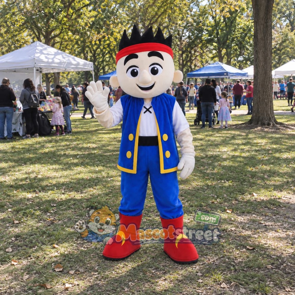 Pirate Boy Mascot Costume with Blue Vest and Red Headband