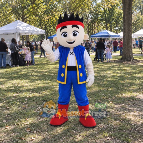 Pirate Boy Mascot Costume with Blue Vest and Red Headband
