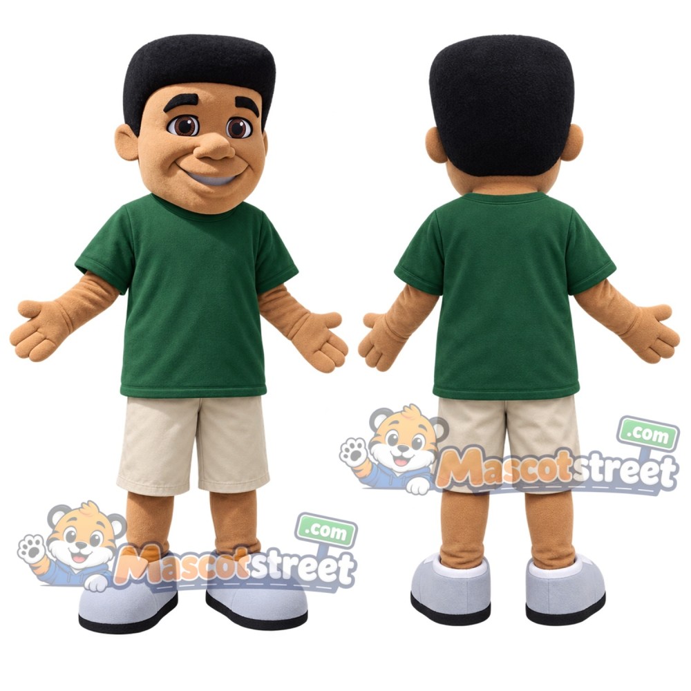 Boy Mascot Costume with Green Shirt and Cream Shorts Boy Mascot Costume with Green Shirt and Cream Shorts