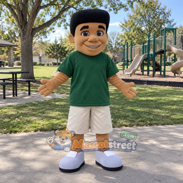 Boy Mascot Costume with Green Shirt and Cream Shorts