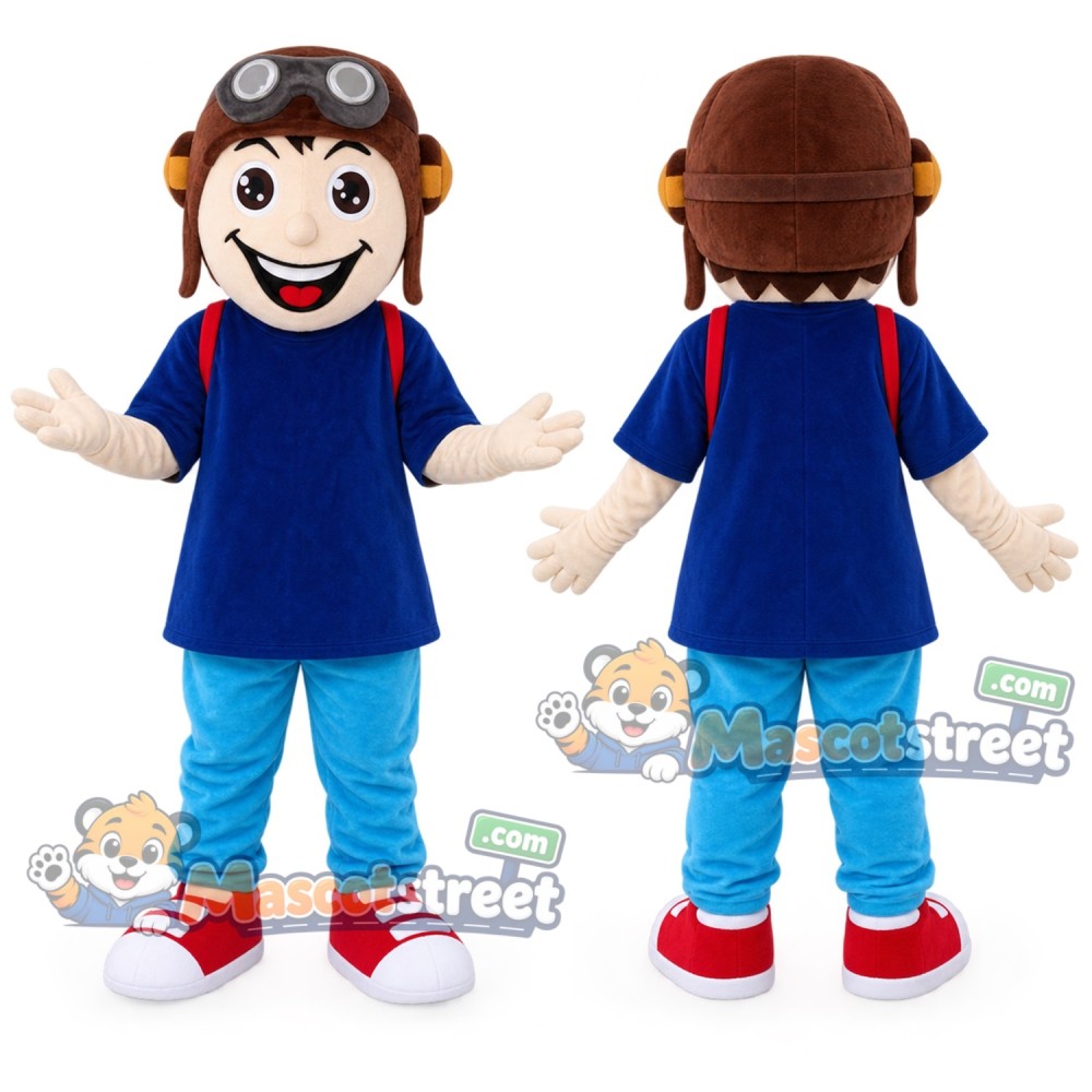 Pilot Boy Mascot Costume with Navy Shirt and Aviator Hat Pilot Boy Mascot Costume with Navy Shirt and Aviator Hat