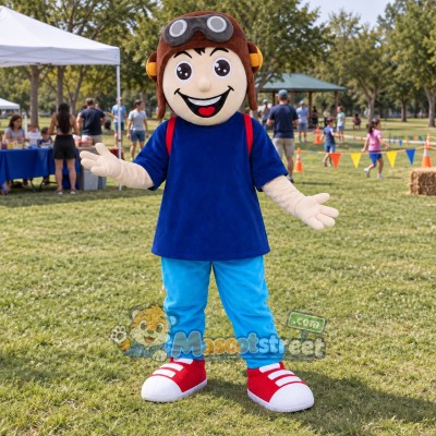 Pilot Boy Mascot Costume with Navy Shirt and Aviator Hat Pilot Boy Mascot Costume with Navy Shirt and Aviator Hat