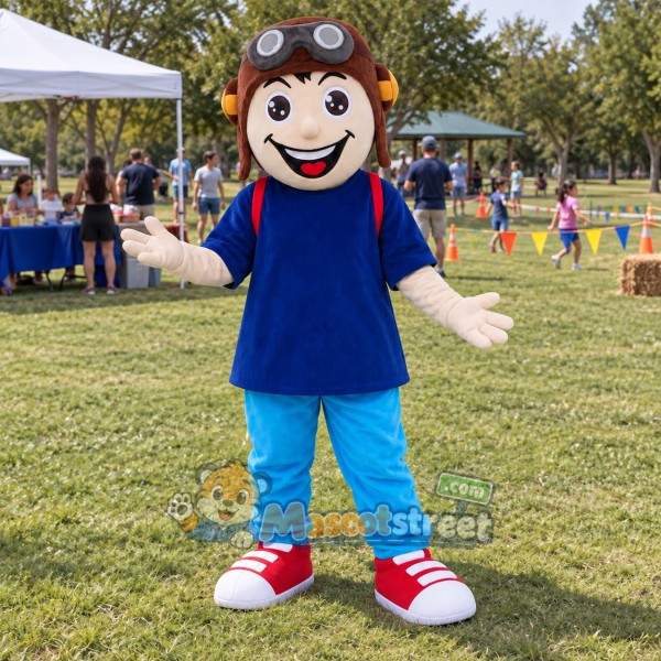 Pilot Boy Mascot Costume with Navy Shirt and Aviator Hat