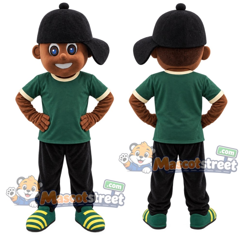 Boy Mascot Costume with Green Shirt and Black Pants