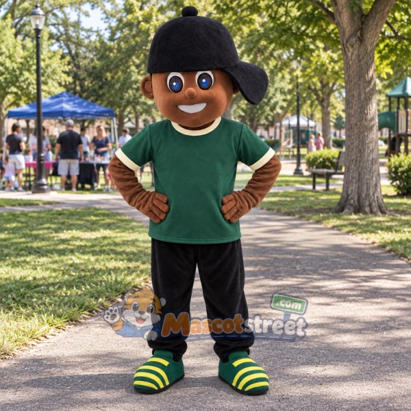 Boy Mascot Costume with Green Shirt and Black Pants