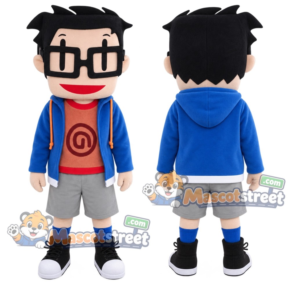 Boy Mascot Costume with Blue Jacket and Black Glasses Boy Mascot Costume with Blue Jacket and Black Glasses