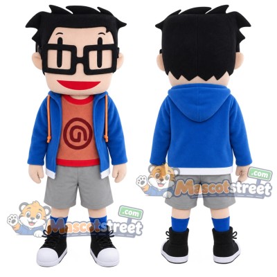 Boy Mascot Costume with Blue Jacket and Black Glasses Boy Mascot Costume with Blue Jacket and Black Glasses