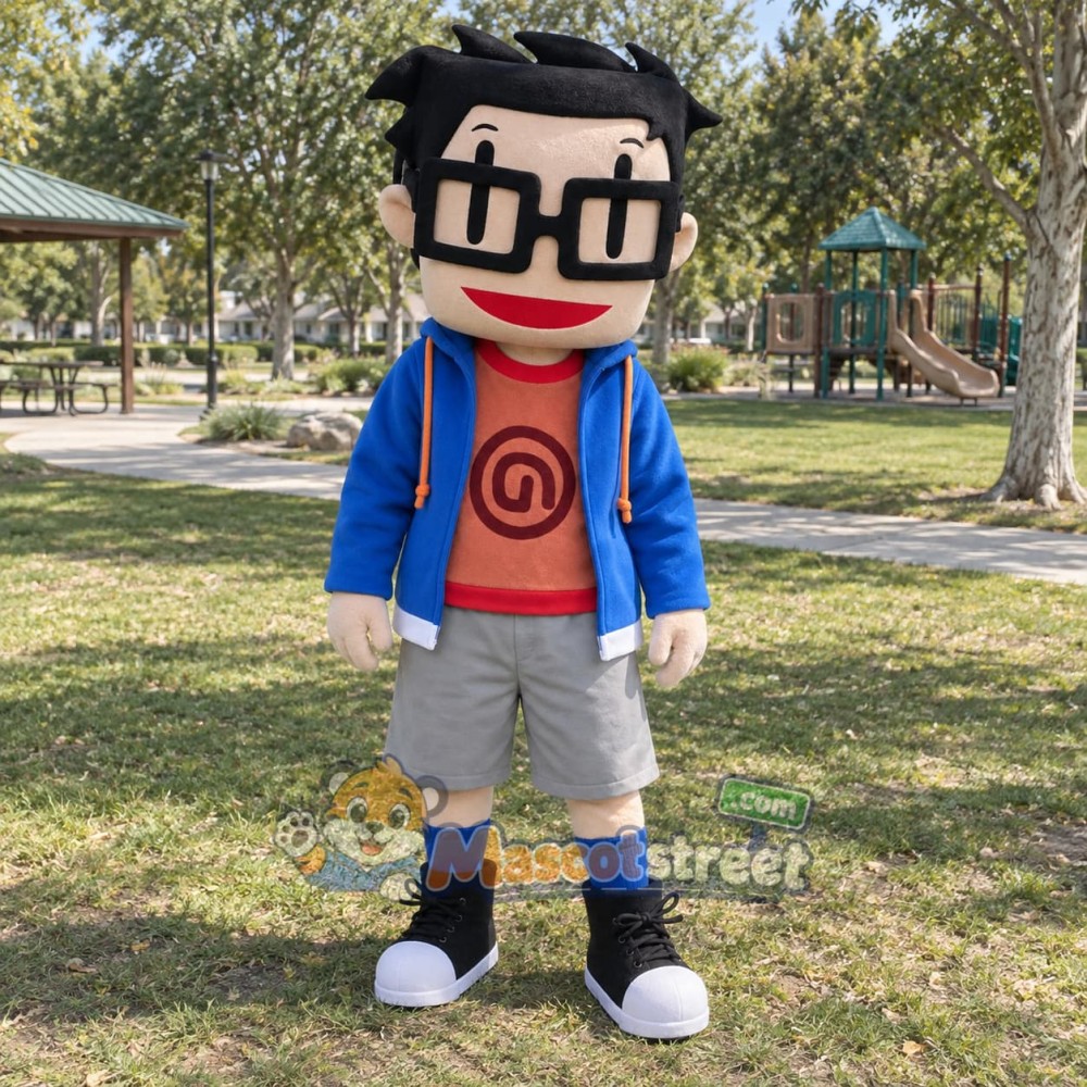 Boy Mascot Costume with Blue Jacket and Black Glasses Boy Mascot Costume with Blue Jacket and Black Glasses