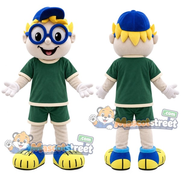 Blonde Boy Mascot Costume with Green Sports Uniform and Blue Cap