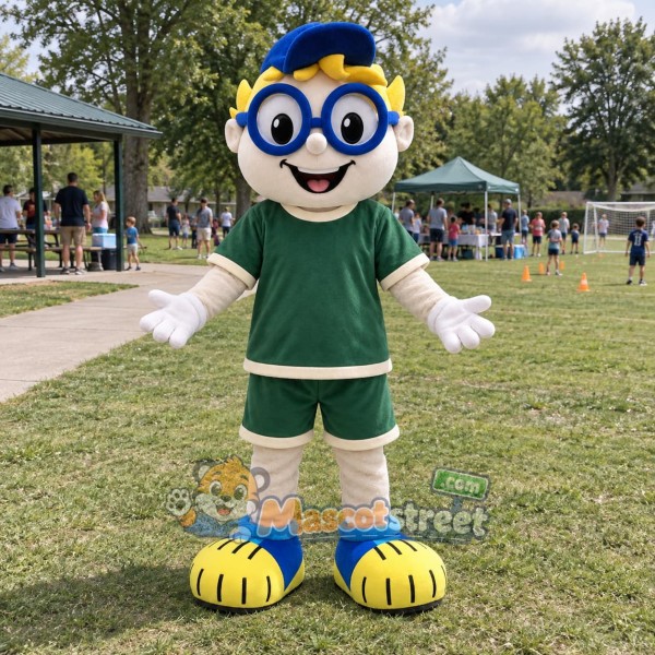 Blonde Boy Mascot Costume with Green Sports Uniform and Blue Cap