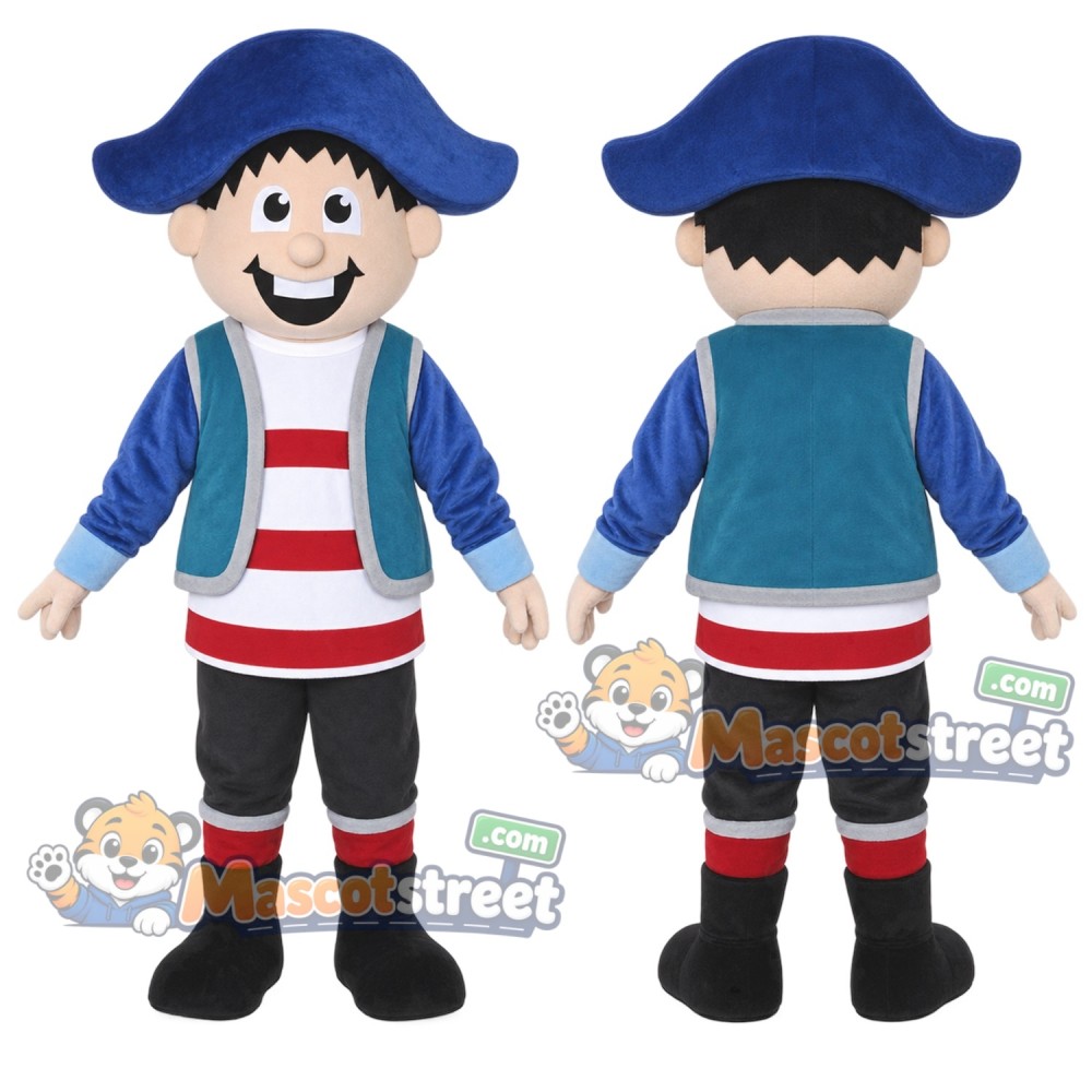Pirate Boy Mascot Costume with Teal Vest and Blue Tricorn Hat