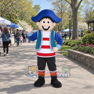 Pirate Boy Mascot Costume with Teal Vest and Blue Tricorn Hat