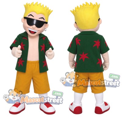 Surfer Boy Mascot Costume with Green Floral Shirt and Gold Shorts Surfer Boy Mascot Costume with Green Floral Shirt and Gold Shorts