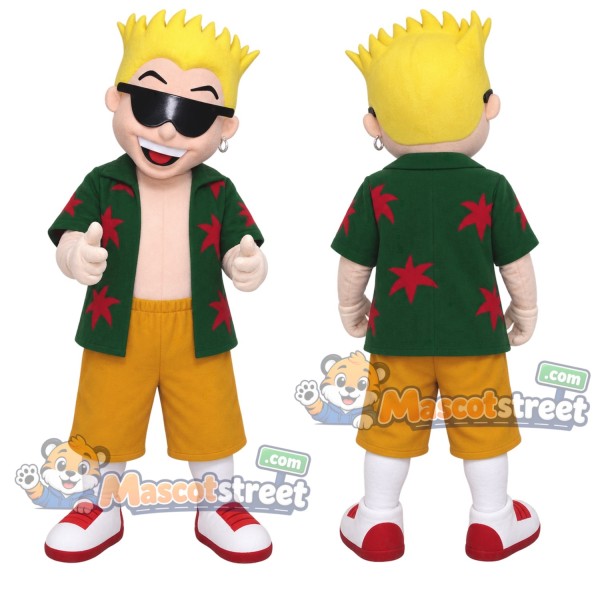 Surfer Boy Mascot Costume with Green Floral Shirt and Gold Shorts
