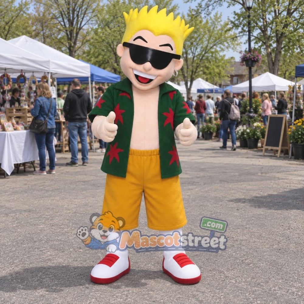 Surfer Boy Mascot Costume with Green Floral Shirt and Gold Shorts Surfer Boy Mascot Costume with Green Floral Shirt and Gold Shorts
