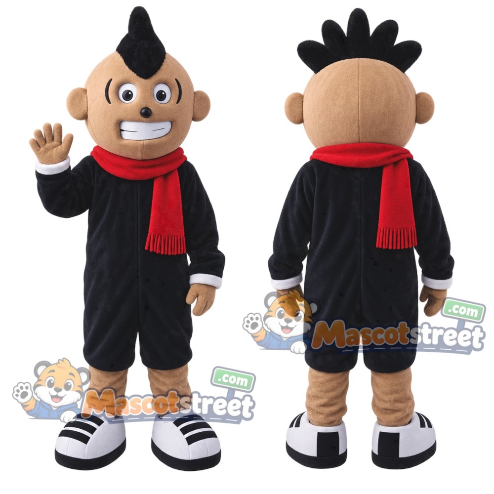 Boy Mascot Costume with Black Hoodie and Red Scarf Boy Mascot Costume with Black Hoodie and Red Scarf