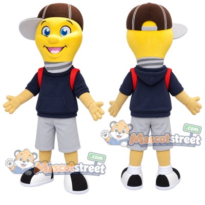 Light Bulb Boy Mascot Costume with Navy Shirt and Brown Cap