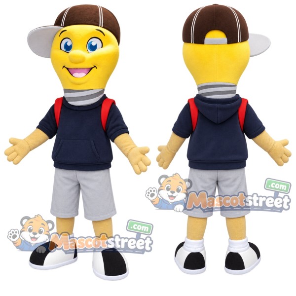 Light Bulb Boy Mascot Costume with Navy Shirt and Brown Cap