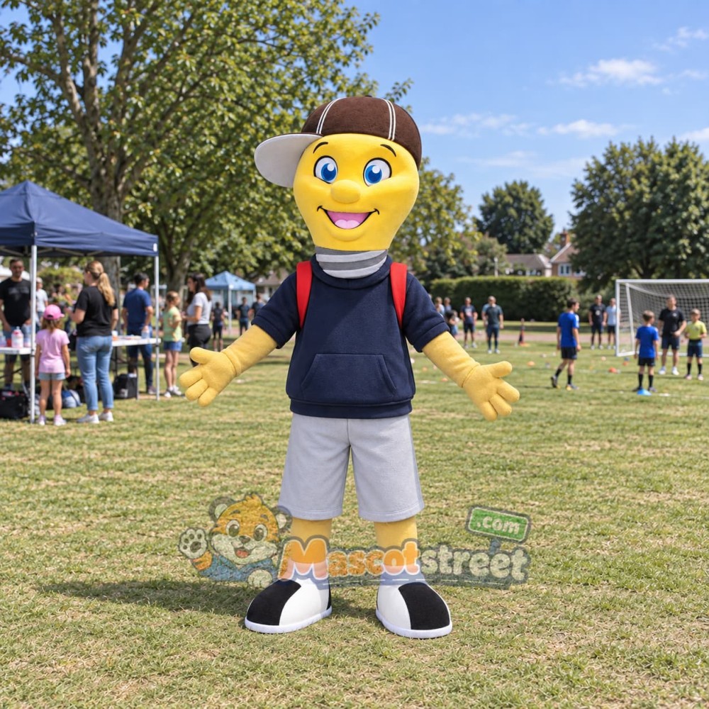 Light Bulb Boy Mascot Costume with Navy Shirt and Brown Cap