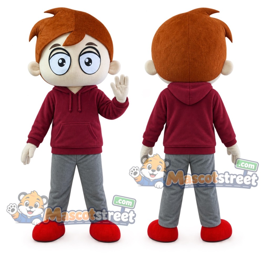 Boy Mascot Costume with Burgundy Sweatshirt and Gray Pants Boy Mascot Costume with Burgundy Sweatshirt and Gray Pants