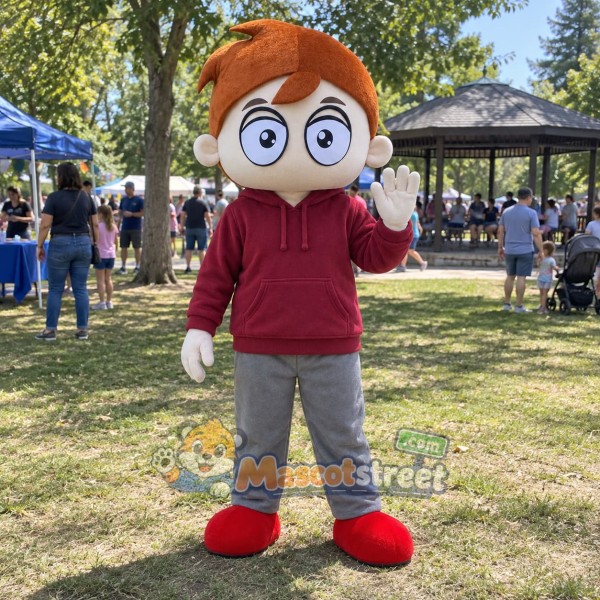 Boy Mascot Costume with Burgundy Sweatshirt and Gray Pants