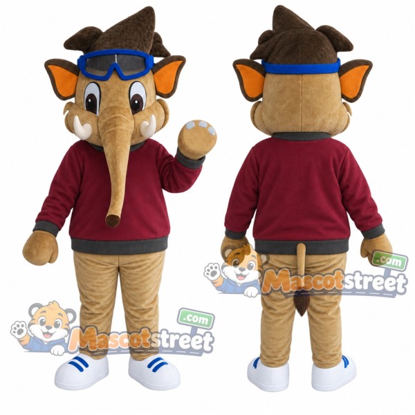 Elephant Boy Mascot Costume with Burgundy Sweatshirt and Aviator Cap