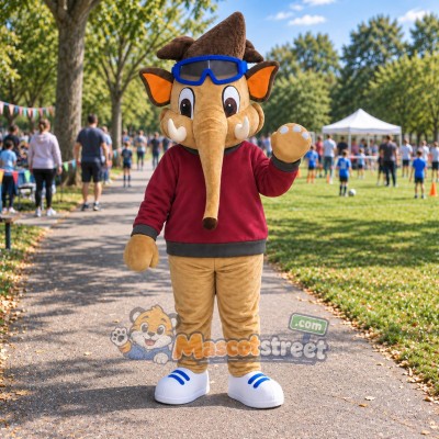 Elephant Boy Mascot Costume with Burgundy Sweatshirt and Aviator Cap Elephant Boy Mascot Costume with Burgundy Sweatshirt and Aviator Cap