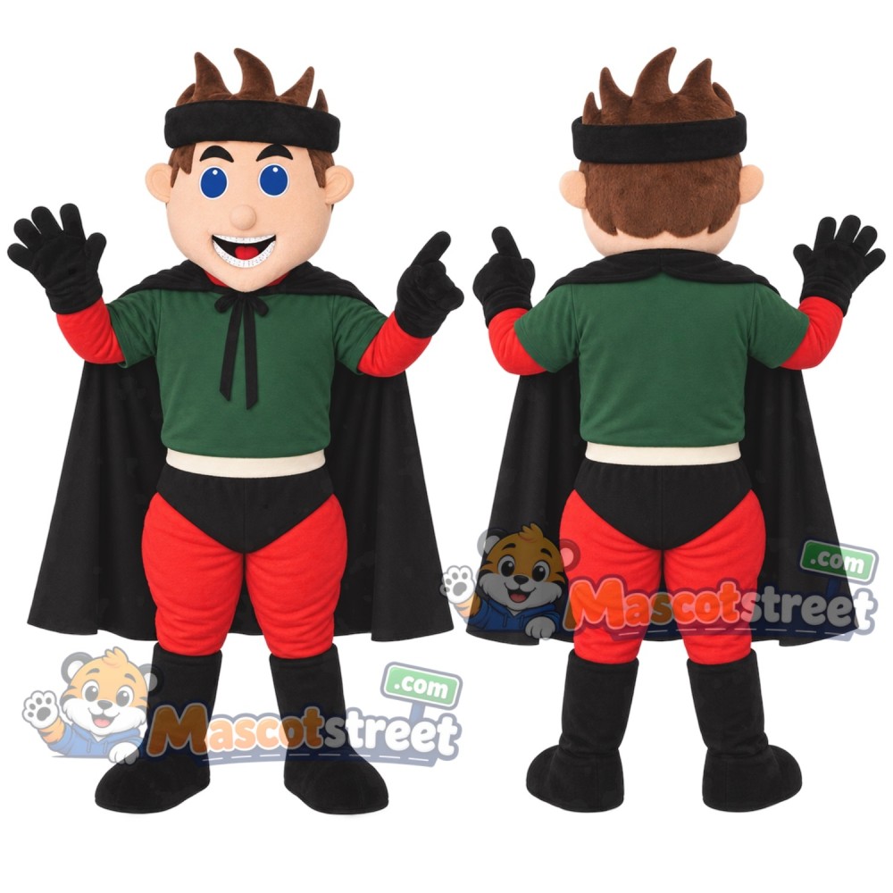 Superhero Boy Mascot Costume with Green Hoodie and Black Cape
