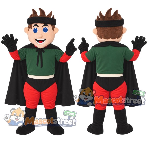 Superhero Boy Mascot Costume with Green Hoodie and Black Cape