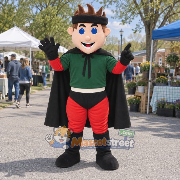 Superhero Boy Mascot Costume with Green Hoodie and Black Cape