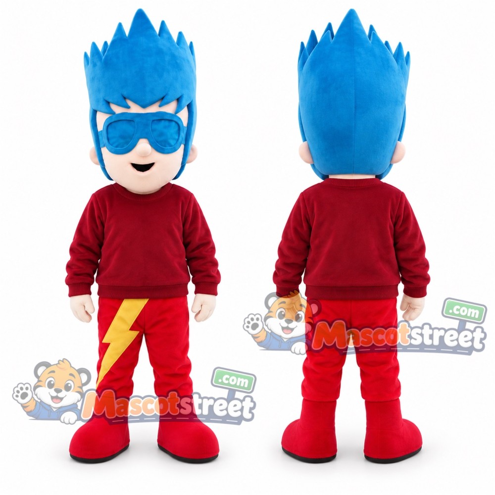 Blue-Haired Superhero Boy Mascot Costume with Red Lightning Outfit Blue-Haired Superhero Boy Mascot Costume with Red Lightning Outfit