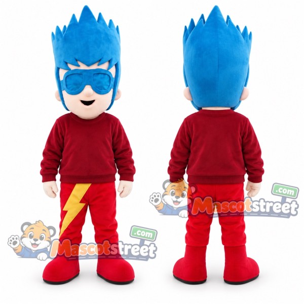 Blue-Haired Superhero Boy Mascot Costume with Red Lightning Outfit