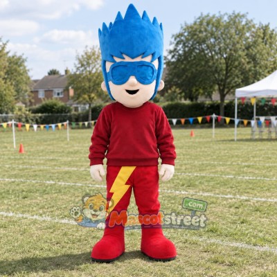 Blue-Haired Superhero Boy Mascot Costume with Red Lightning Outfit Blue-Haired Superhero Boy Mascot Costume with Red Lightning Outfit