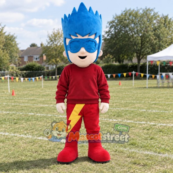 Blue-Haired Superhero Boy Mascot Costume with Red Lightning Outfit