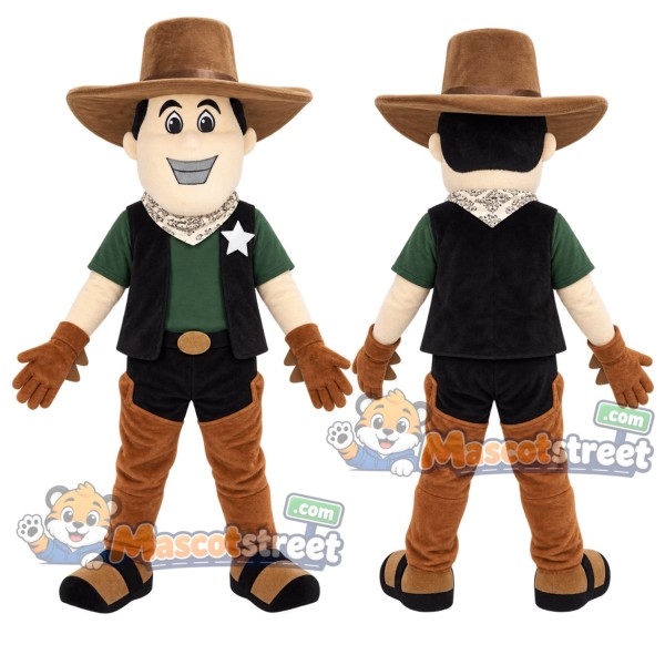 Cowboy Mascot Costume with Black Vest and Brown Hat