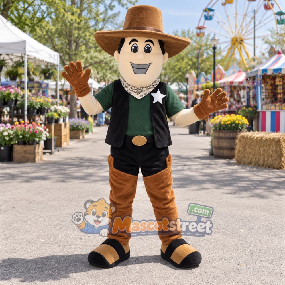 Cowboy Mascot Costume with Black Vest and Brown Hat Cowboy Mascot Costume with Black Vest and Brown Hat