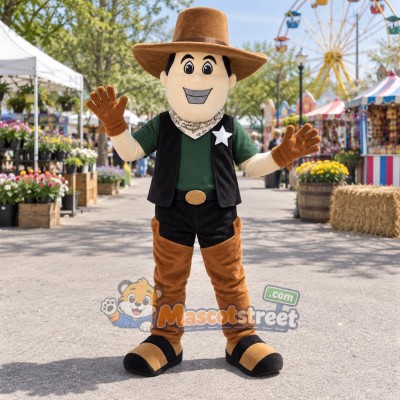 Cowboy Mascot Costume with Black Vest and Brown Hat Cowboy Mascot Costume with Black Vest and Brown Hat