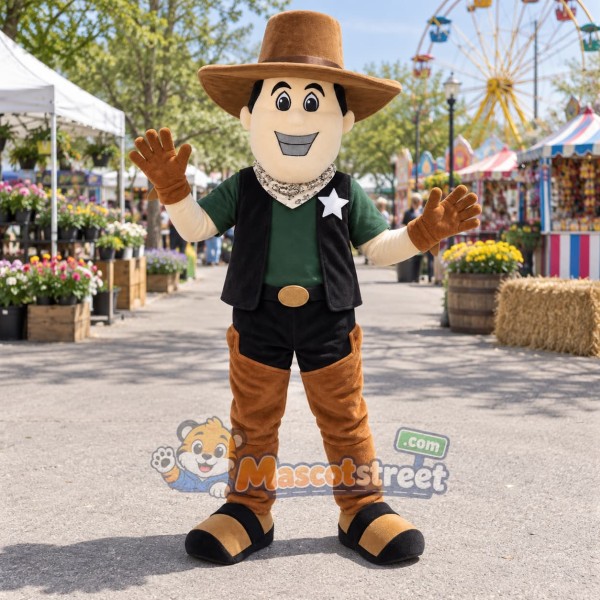 Cowboy Mascot Costume with Black Vest and Brown Hat