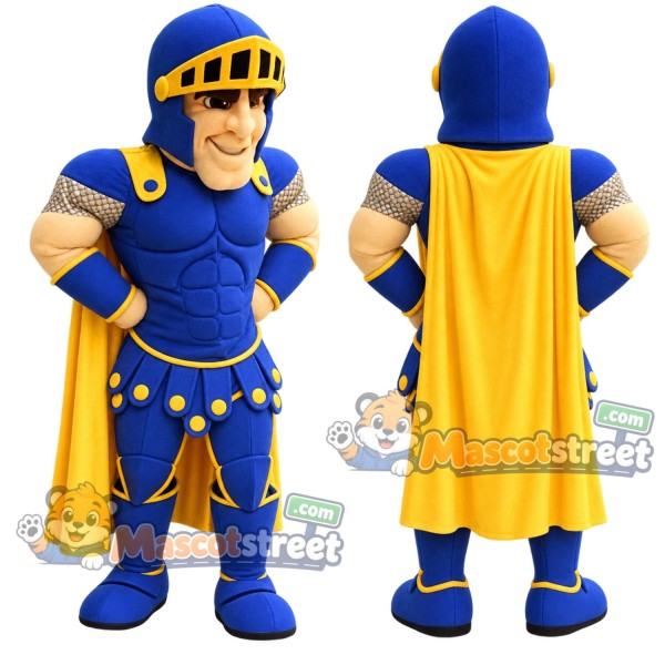 Knight Mascot Costume with Blue and Gold Armor with Yellow Cape