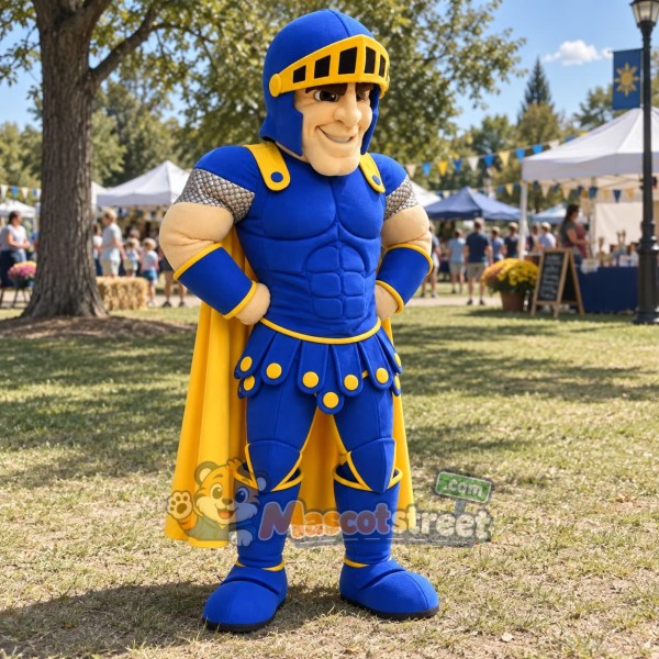 Knight Mascot Costume with Blue and Gold Armor with Yellow Cape